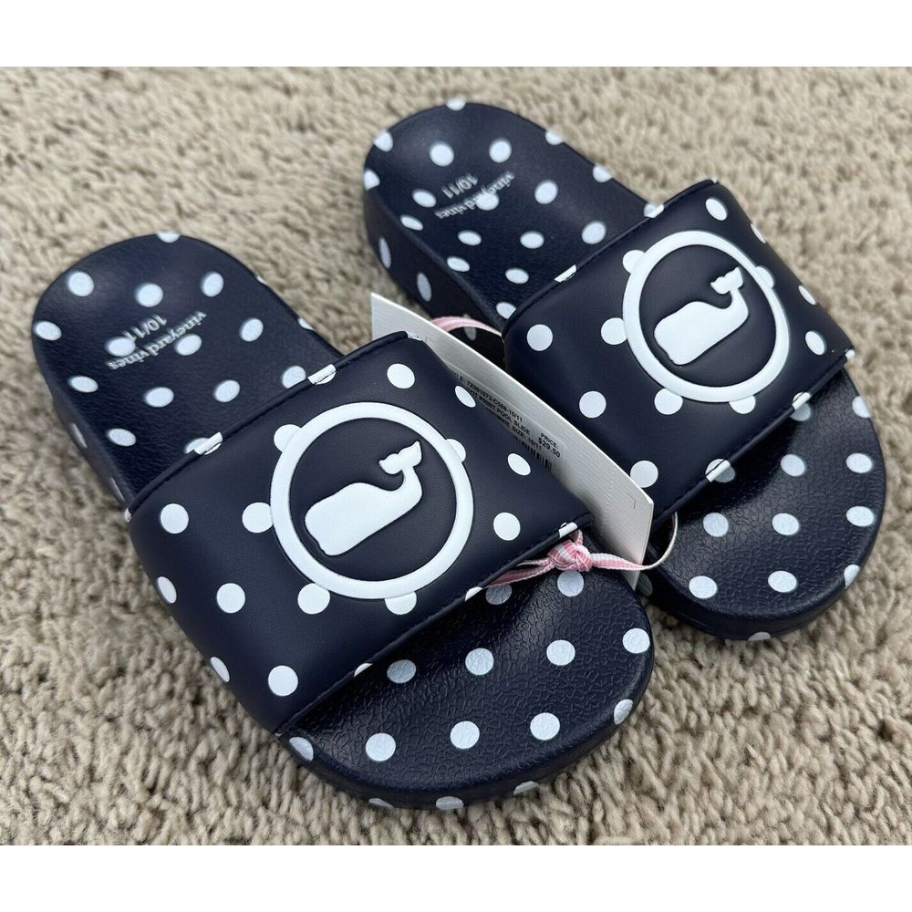 Vineyard Vines Slides Girls 10/11 Navy Polka Dot Whale Logo Poolside Sandal NWT